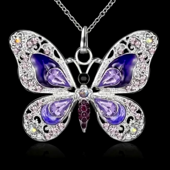 SILVER BUTTERFLY HAND ENAMEL PURPLE / AMETHYST 24 INCH CHAIN 3 in - Picture 1 of 2